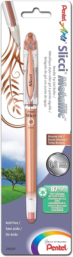 Pentel Arts Slicci Metallic 0.8 mm Needle Tip Gel Pen, Metallic Bronze Ink, 1 Pack (BG208BPME)