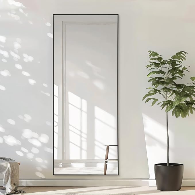 MELOMOIR 56"x18" Full Length Mirror, Floor Mirror Freestanding Hanging or Leaning, Full Body Mirror for Bedroom Living Room Entryway Gym, Aluminum Alloy Frame, Black