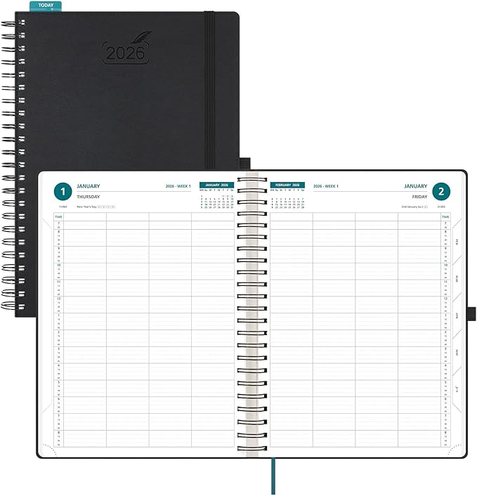 BEZEND Appointment Book 2026 Daily Planner, Quarter-Hourly in 4 Columns (Large-8.25" x 11.75") Page per Day Even Weekend, Monthly View with Tab & Weekly Schedule, PU Leather Softcover in Black