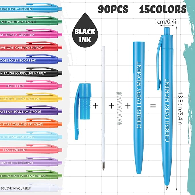 90 Pcs Ballpoint Pen Quotes Black Gel Ink Pens Bulk for Coworkers Retractable Rolling Ballpoint Pens for Party Favors Back to School Gift Supplie (Mental Health Style)