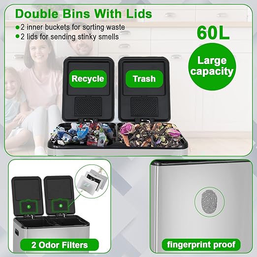 PayLessHere Trash Can, 16 Gallon (2x8G) 60 Liter Rectangular Trash Cans Stainless Steel Step Trash Can with Inner Buckets and Hinged Lids, Suitable for Kitchen Office Home Use,Silver