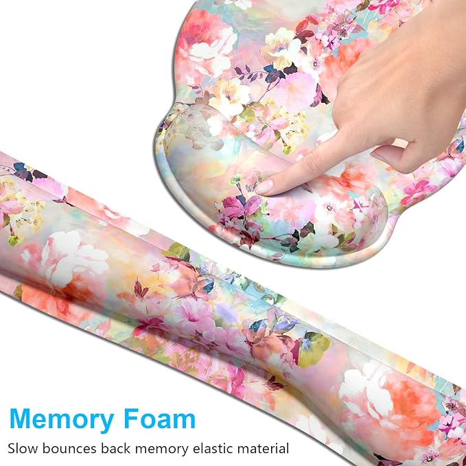 Dapesuom Keyboard Wrist Rest and Mouse Pad with Wrist Support, Cute Memory Foam Cushion for Keyboard and Mouse Set, Desktop Pad Rests with Non Slip Base for Easy Typing & Pain Relief, Peonies Floral