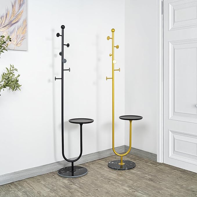 Coat Rack Stand, Metal Coat Tree with Bamboo Tray & 6 Hooks, Heavy Duty Marble Base Corner Coat Stand for Bedroom Hallway Entryway Living Room Office 13.78 x 13.78 x 68.11 Inches (Black)