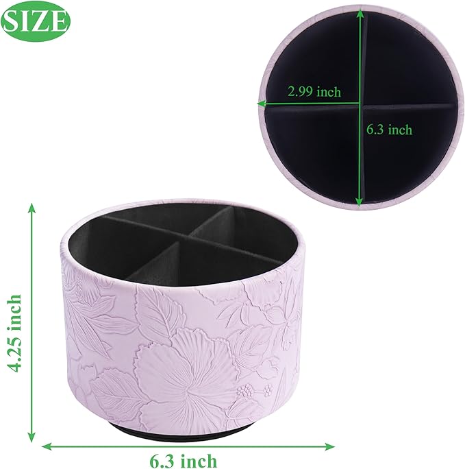 Hennaja Round Leather Art Supply Organizer,Remote Control Holder,360 Degree Spinning,Multi-Functional Pencil Holder,4 Compartments Desktop Stationary Organizer(1-Carved Purple)