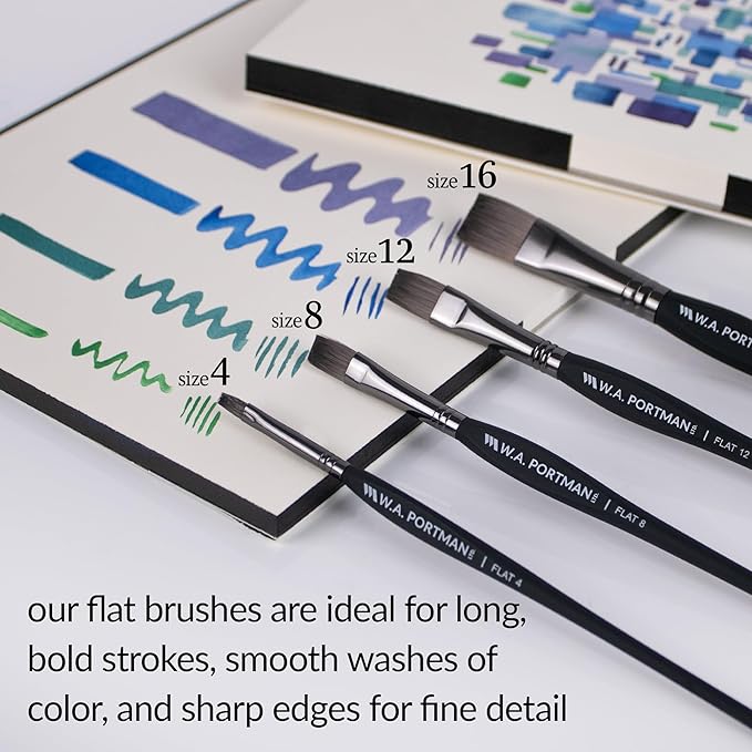 WA Portman Flat Paint Brushes 4pc Set - 100% Vegan, Cruelty-Free Artist Paint Brushes for Acrylic Painting and Watercolor Painting - Professional Art Brush Set with Triangular Comfort Grip