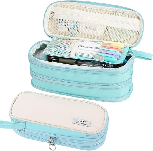 Big Pencil Case Zipper Pencil Pouch Organizer Large Capacity Pen Bag with Handle Portable for Girls Kids Adults Gift Pen Case for School Home Office Light-blue