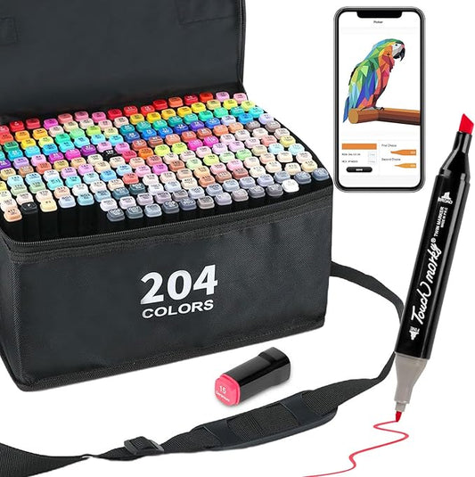 204 Colors Alcohol Markers with Free App, Chisel Tip and Fine Tip, Dual Tip Alcohol-Based Marker set for Artist Adults, Art Markers for Painting, Coloring, Sketching and Drawing,Great Gift Idea