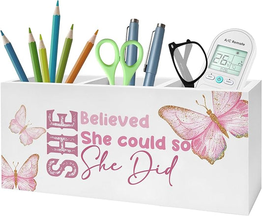 She Believed She Could Pencil Pen Holder for Desk, Inspirational Gifts for Women, Retro Coquette Butterfly Wooden Pencil Holder Organizer for Home Office Desk Accessories