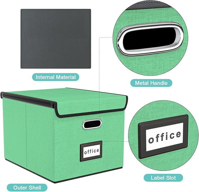 Huolewa Decorative File Organizer Box with Lid, Collapsible File Storage Organizer Boxes with Lids, Linen Hanging Filing&Storage Boxes for Office/Decor/Home, Filing System for File and Folders Storage