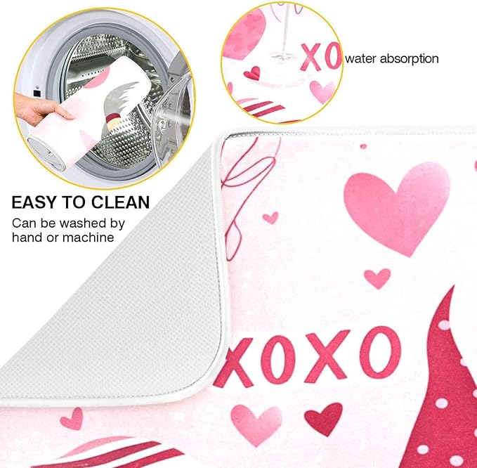 Happy Valentine Hearts Gnomes Dish Drying Mat 18 X 24 In Red Love Absorbent Microfiber Dry Dishes Pads Tableware Mats Protector for Kitchen Countertops Counter Home Decorations