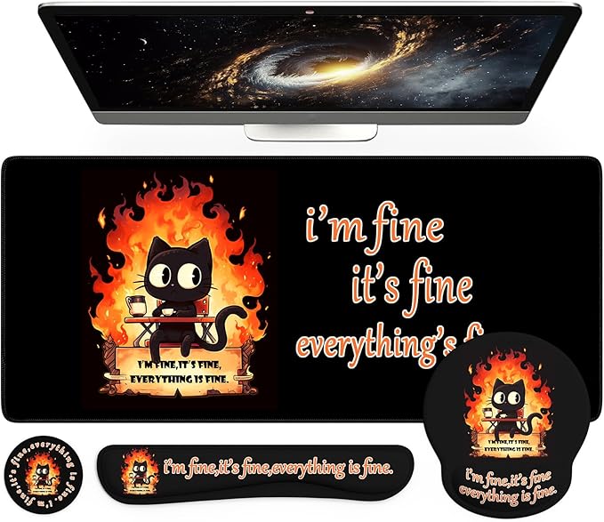 iCasso Black Desk Mat Set,Ergonomic Wrist Pad for Mouse,Funny Cat Dumpster Fire Desk Accessories, Anime Computer Mat, Non-Slip Large Desktop Cover Protector for Office Home Dorm