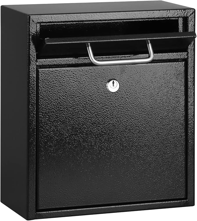 xydled Steel Mailbox Wall Mount, Medium Locking Mailbox with Key Lock, Lock Mail Boxes for Outside, Security Key Drop Box, Collection Boxes, 13.4H x 11.6L x 5.6W Inches, Black, Large