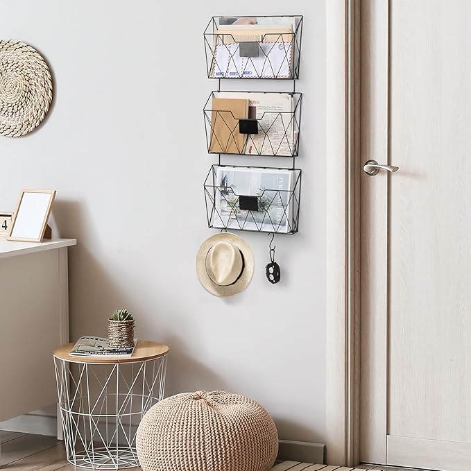 YBING Wall File Organizer for Office Hanging Wall File Holder and Basket Set of 3 Hanging File Rack with Hooks Metal Wall Storage for Office Living Room Black