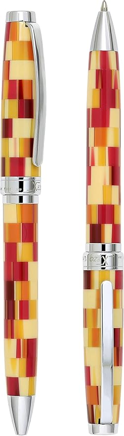Xezo Urbanite Twist Action Ballpoint Pen, Medium Point. Retro Red, Yellow, and Cream Checkered Acrylic on Brass. Chrome Plated. Handcrafted, Limited Edition, Serialized