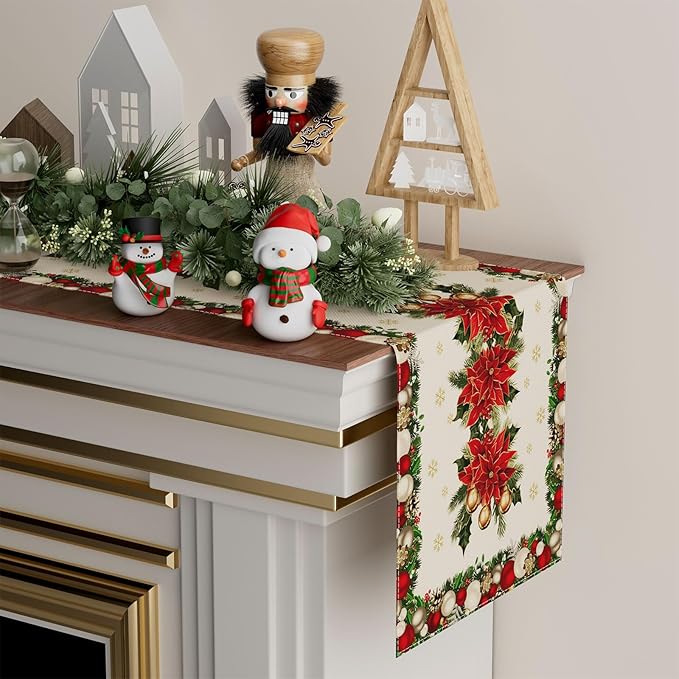 XCHI Christmas Poinsettias Leaves Bells Snowflakes Winter Xmas Table Runner Table Decoration for Home Kitchen Dining Holiday Decor 13x90 Inch