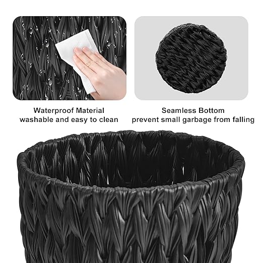 Wicker Trash Can,Small Trash Can,Handwoven Waterproof Wicker Trash Basket,Round Garbage Can,Compact Waste Basket for Bathroom,Bedroom,Office,2 Gallon Black