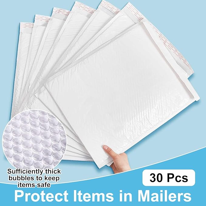 Henoyso 30 Pcs Extra Large Bubble Mailers 12 x 16 Inches Resealable Padded Envelopes Waterproof Shipping Bags Poly Padded Mailers Bulk for Mailing Packaging Small Business(White)