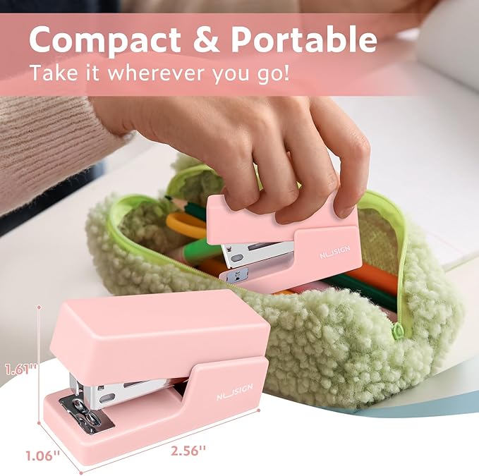 Mini Stapler with 830 Staples, Small Cute Desk Staplers, 25 Sheet Capacity, Pink