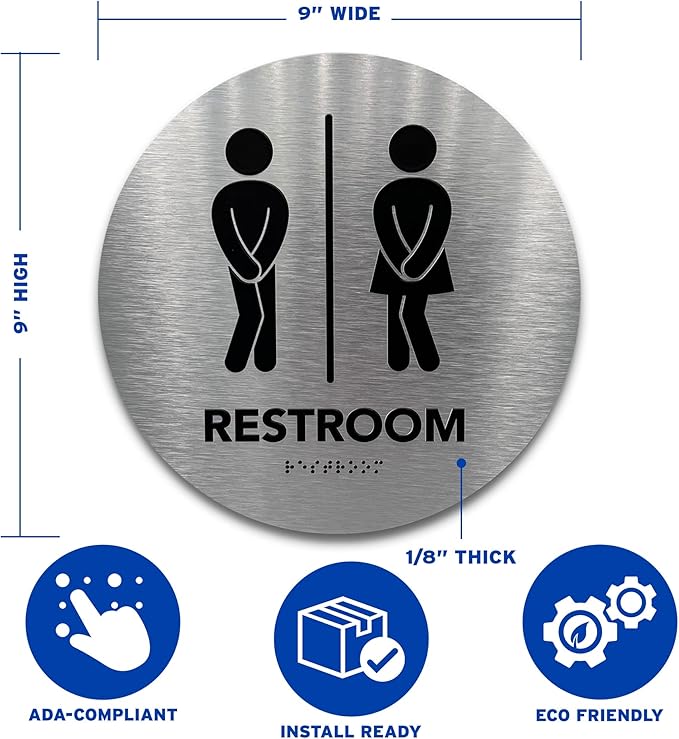 Circle Unisex Boutique Bathroom Sign by GDS - Raised Icons, & Grade 2 Braille - Includes Adhesive Strips for Easy Installation - Bathroom Signs for Business, Restroom Signs for Business, Unisex Bathroom Sign - 9” Diameter (Brushed Aluminum) - Made in USA
