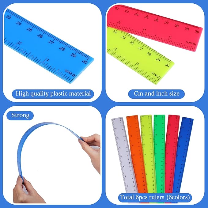 Zonon 6 Pcs 12 Inch Ruler Bulk Colorful Plastic Flexible Straight Metric Rulers with Centimeters and Inches Drafting Measuring Tool for Classroom School Students Education