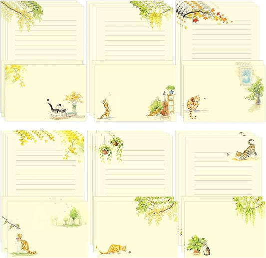 36PCS Cat Theme Stationery Set, Warm Yellow Healing Style Letter Writing Paper with Cute Kitty Illustrations and Envelopes for Letters, Invitations, Holiday Greetings, Party Notes and Gifts