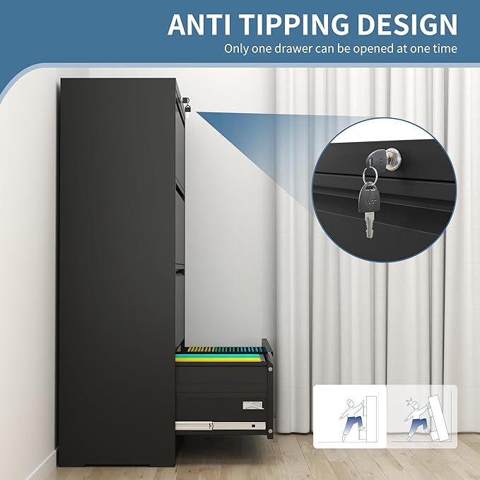 AQY 4 Drawer File Cabinets with Lock,Metal Lateral File Cabinets for Home Office,Steel Wide Filing Organization Storage Cabinets for Hanging Files Letter/Legal/F4/A4 Size Assembly Required(Black)