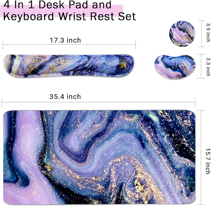 4-in-1 Large Gaming Mouse Pad, Keyboard Wrist Rest Pad & Wrist Support Mousepad Set, Extended Desk Pad Waterproof Desk Mat for Home Office Study Game - Purple Marble