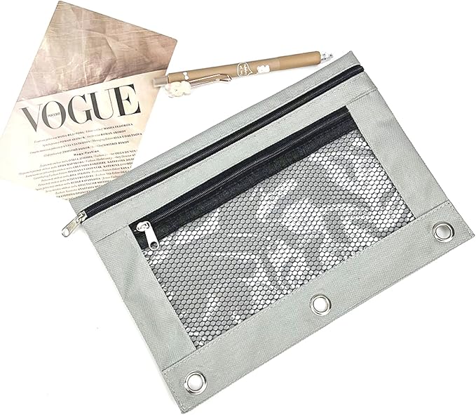 Pencil Pouch for 3 Ring Binder - 3 Hole Zipper Pen Case Bag Holder Bulk Accessories Clear Window Aesthetic Organizer Pockets (Grey, 1)