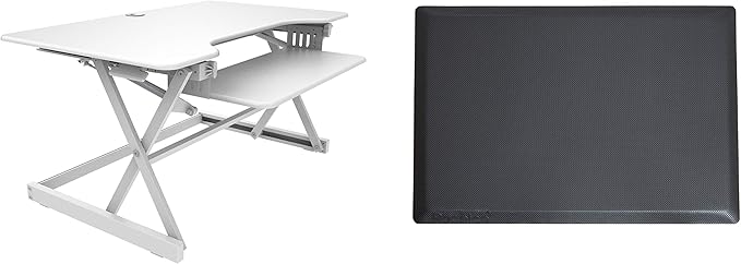 Rocelco 40" Large Height Adjustable Standing Desk Converter with Anti Fatigue Mat BUNDLE - Quick Sit Stand Up Computer Workstation Riser - Retractable Keyboard Tray - White (R DADRW-40-MAFM)