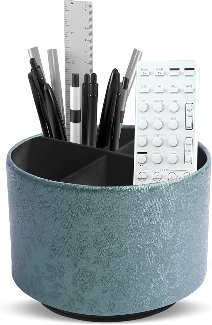 lizimandu Round Leather Art Supply Organizer,Remote Control Holder,360 Degree Spinning,Multi-Functional Pencil Holder,4 Compartments Desktop Stationary Organizer(1-Liuli Green)