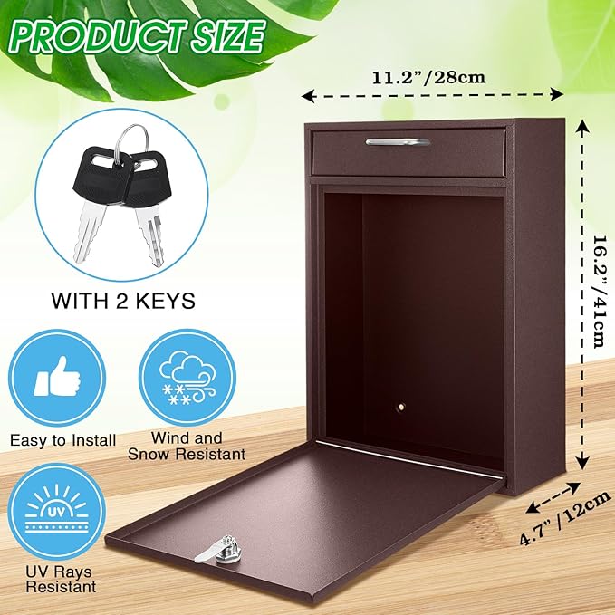 Locking Mailbox with Key for Outdoor 16.2 x 11.2 x 4.7 Inches Large Wall Mount Mail Box with Lock Security Mail Drop Metal Collection Boxes Hanging Secure Postbox(Brown)