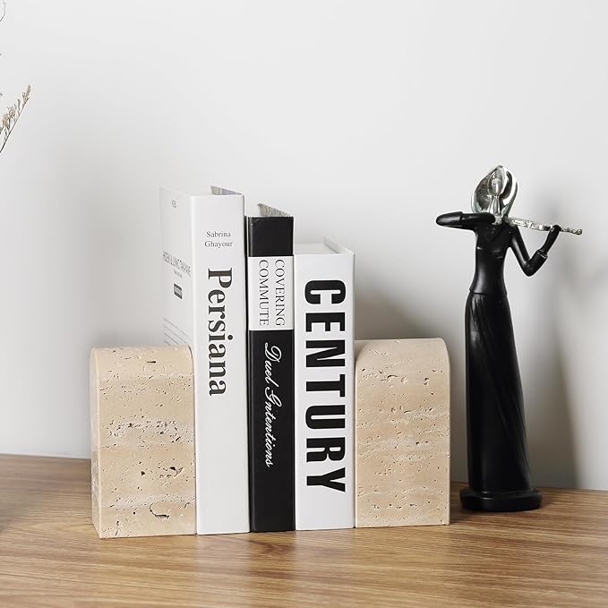 Koville Italian Travertine Bookends for Shelves, Decorative Book Ends, 7lbs Heavy-Duty Marble Book Holders, Bookshelf Apartment Decor for Normal Books/CD/Video Games(Travertino Romano)