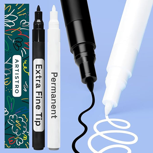 ARTISTRO 2 Black & White Permanent Marker - Waterproof Markers for Tire, Fabric, Rocks, Glass, Ceramic, Wood, Paper - Oil Based Paint Pens - Extra-Fine Tip 0.7mm