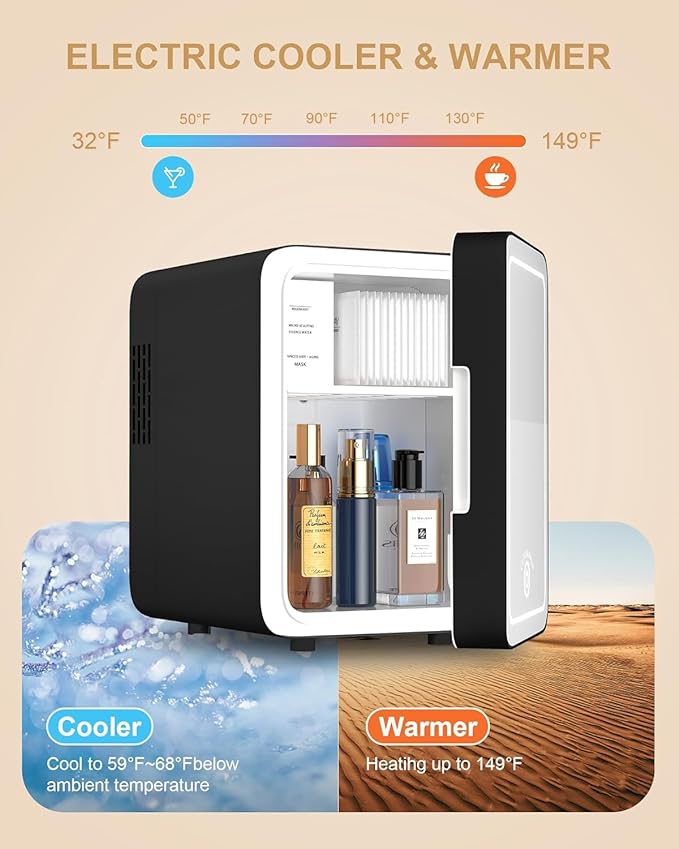 Makeup Fridge With Dimmable LED Light Mirror, 4L Mini Fridge for Bedroom, Car, Office & Dorm, Cooler & Warmer, Portable Small Refrigerator for Cosmetics, Skin Care and Food, Black
