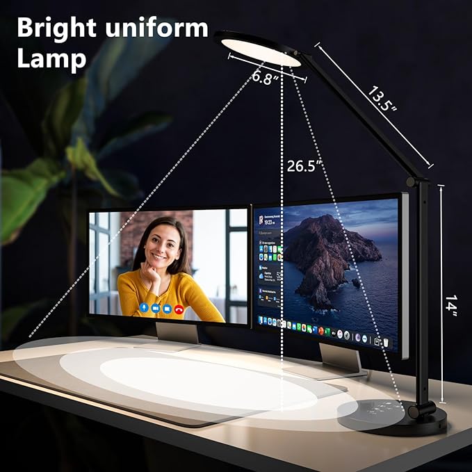 LED Desk Lamp for Home Office, Eye-Caring Modern Desk Light, 3 Color Temperature 10 Brightness Computer Light, Dimmable Desk Light with Memory & Timer Func, Metal Swing Arm Table Lamp