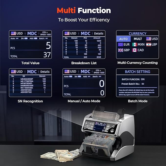MUNBYN IMC01 Bank Grade Money Counter Machine Mixed Denomination, 2CIS/UV/IR/MG/MT Counterfeit Detection, Serial Number, MUL Currency Cash Counter, Printer Compatible Bill Value Counter (Silver)