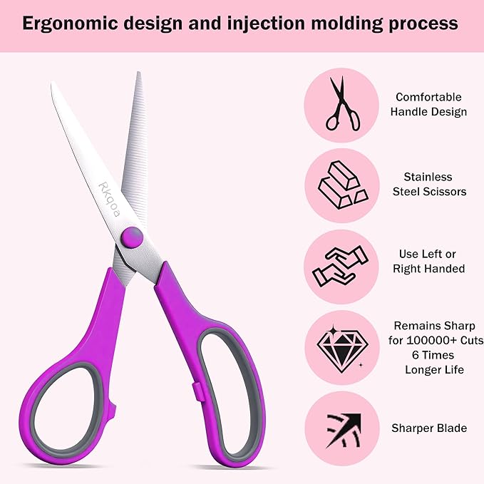 Red Scissors Bulk, Rkqoa 8" All Purpose Scissors Pack of 6- High Performance and Designed for Comfort and Cutting - Sharp to Cut but Soft to Hold. Perfect for Art, Crafts and the Office