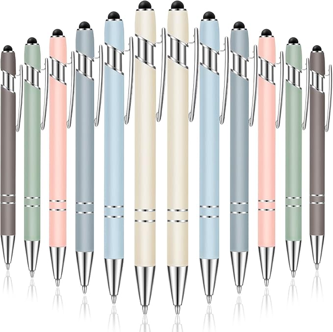 Tenare 12 Pieces 2 in 1 Stylus Metal Ballpoint Pen with Stylus Tip, 1.0 mm Black Ink Ballpoint Pen for Touch Screens(Morandi Color and Silver)
