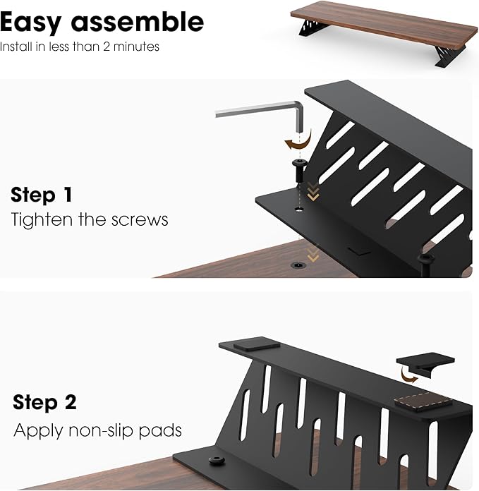 Fenge Dual Monitor Stand Riser, 42.5 Inch Desk Top Shelf for 2 Monitors, Computer Stands for Desk, Wood & Steel Desktop Riser for Laptop, PC, Printer