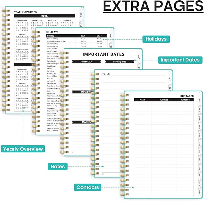 2026 Planner, Weekly and Monthly Calendar Planner, January 2026 - December 2026, Hardcover 2026 Calendar Planner Book with Tabs For Women & Men, Inner Pocket, Spiral Bound, Perfect for Office Home School Supplies - A5 (6.3" x 8.5"), Aquamarine