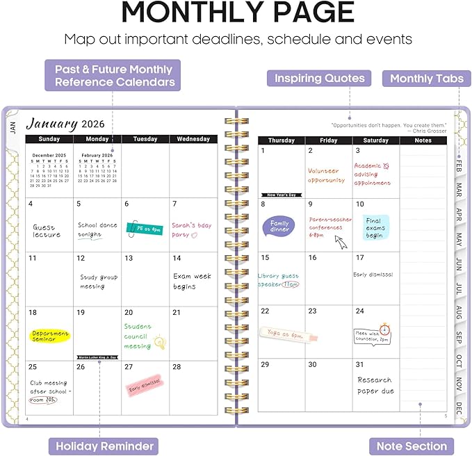 2026 Planner, Weekly and Monthly Calendar Planner, January 2026 - December 2026, Hardcover 2026 Calendar Planner Book with Tabs For Women & Men, Inner Pocket, Spiral Bound, Perfect for Office Home School Supplies - A4 (8.5" x 11"), Purple