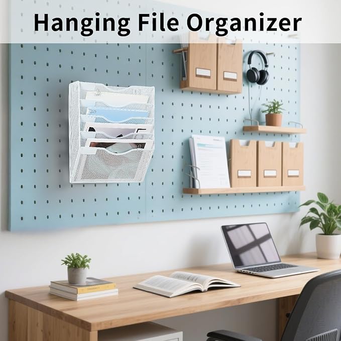Hanging Wall File Organizer with Office Assorted, 5 Pockets Mesh Wall Mounted File Folder Holder for Mail, Paper, Document, Binder, Magazine, Menu (White)