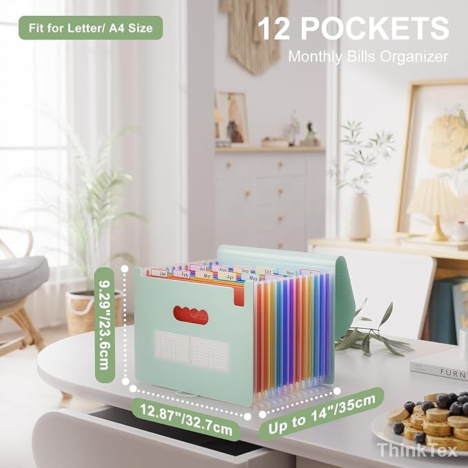 ThinkTex Accordion File Organizer, 12 - Pocket Expanding File Folders for Paper Receipts, Bills&Taxes Organizer, Letter/A4 Size Document Holder for School, Office, Home with tabs-Sage Green