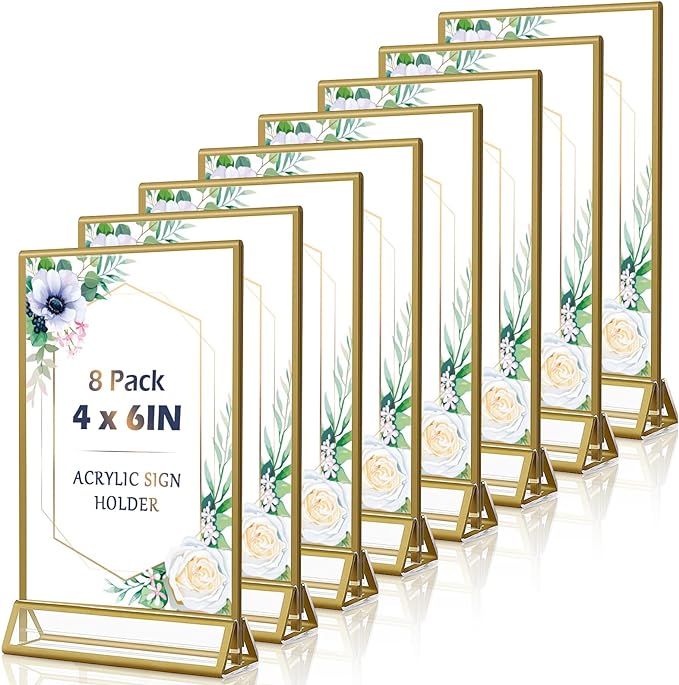 4x6 Acrylic Sign Holders 8 Pack Gold Table Number Holder for Wedding Picture Frame Double Sided Table Menu Stands with Vertical Stand, Photos and Art Display