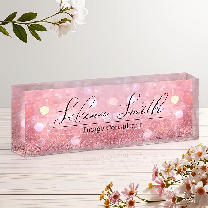 Ship Next Day Personalized Name Plate for Desk, Custom Acrylic Desk Name Sign, Office Appreciation Gifts for Women Men Coworkers Boss Teacher Employee (Pink Sequin)