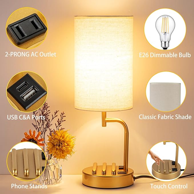 Dreamholder Touch Control USB Table Lamp, Upgraded 3-Way Dimmable Bedside Desk Lamp with USB C & A Charging Ports and AC Outlet, Nightstand Lamp for Bedroom, Dimmable Bulb Included, Gold