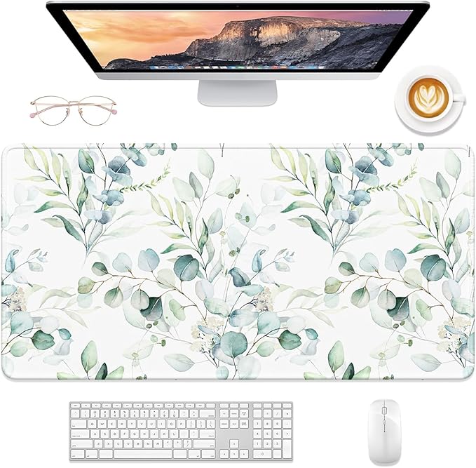 Desk Mat, 32" x 16" XXL Extended Large Gaming Mouse Pad, Desktop Decor Desk Pad, Cute Men Women Office Supplies and Accessories, XL Mouse Mat for Laptop & Keyboard, Minimalism White Flower