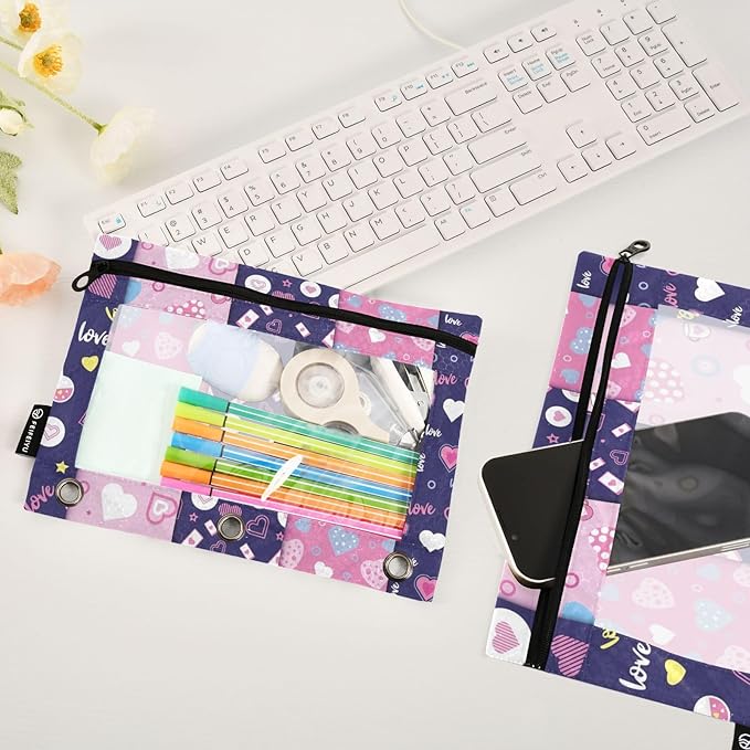 ZAZYXTJ Personalized Heart Binder Pencil Pouchs 3 Ring with Zipper Clear Window Office Organizers bag for School Students Teacher Supplies 2 Pack