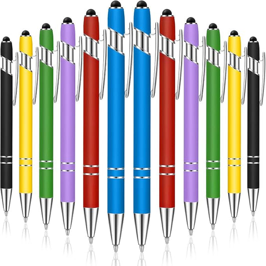Tenare 12 Pieces Ballpoint Pen with Stylus Tip, 1.0 mm Black Ink Metal Pen 2 in 1 Stylus Pen for Touch Screens, Stylus Ballpoint Pen(Bright Color)