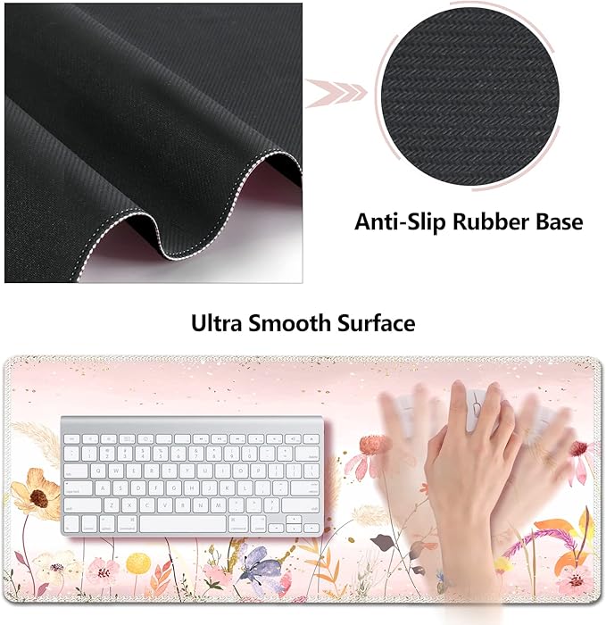 AIMSA Keyboard Mouse Pad Wrist Rest, Extended Gaming Mouse Pad +Wrist Support, Ergonomic Memory Foam,XXL Large Mousepad Easy Typing Pain Relief, 4Pcs (35×15.7 in) Desk Mat, Pink Flowers